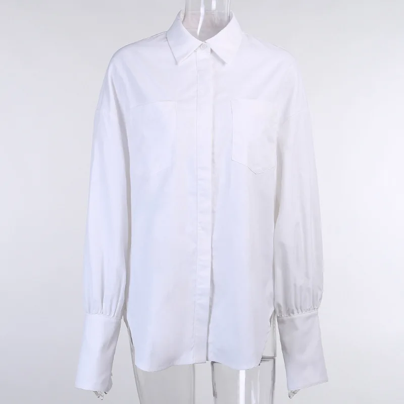 

New Loose Turn Down Collar Button Shirt 2020 Autumn Fashion Single Breasted Solid Long Sleeve Pocket Casual Shirts For Women