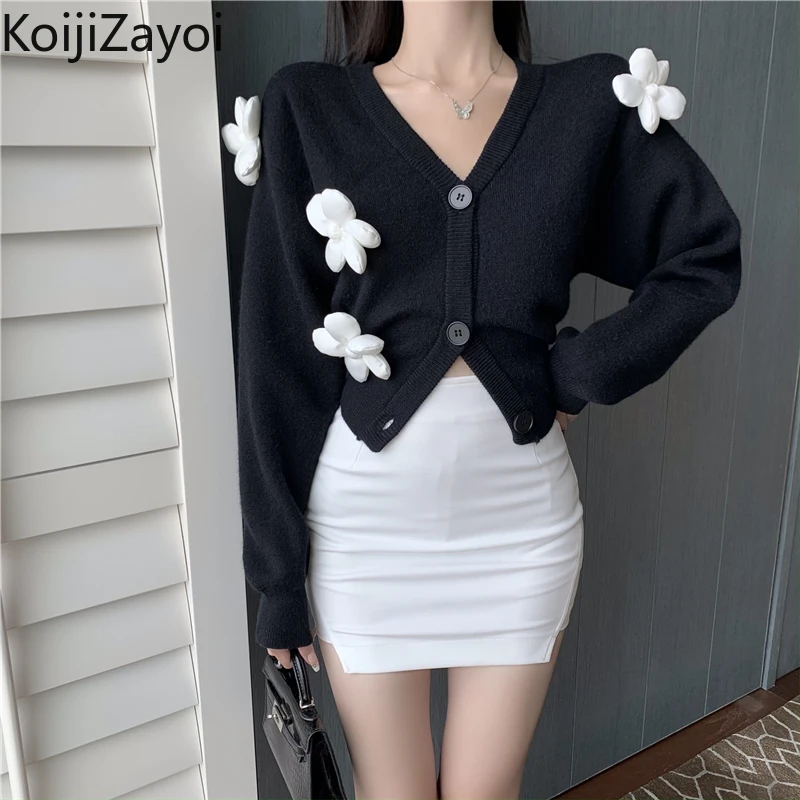 

Koijizayoi Flower Women Knitted Cardigan Long Sleeves Lady Chic Single Breasted Kardigan Cropped Outwear Sweater Cardigans Tops