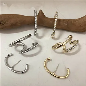 AOMU Korean Chic Style S925 Sterling Silver Pin Gold Metal Curved Wave Line Pearl Circle Earrings for Women Girl Jewelry Set
