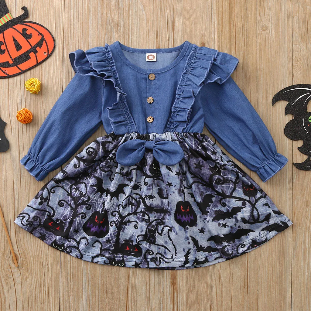 Платья для малышей платье девочек маленьких Джинсовое с рюшами и тыквой на