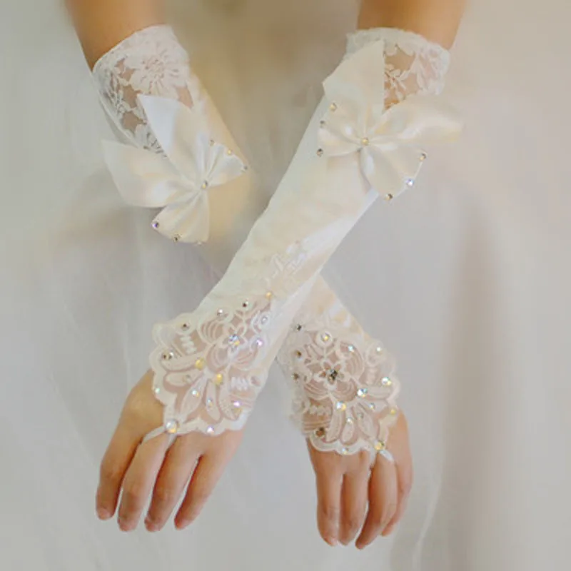 

Butterfly Wedding Dress Accessories Bridal Satin White Bridesmaid Cheongsam Gloves Fingerless New Long Lace