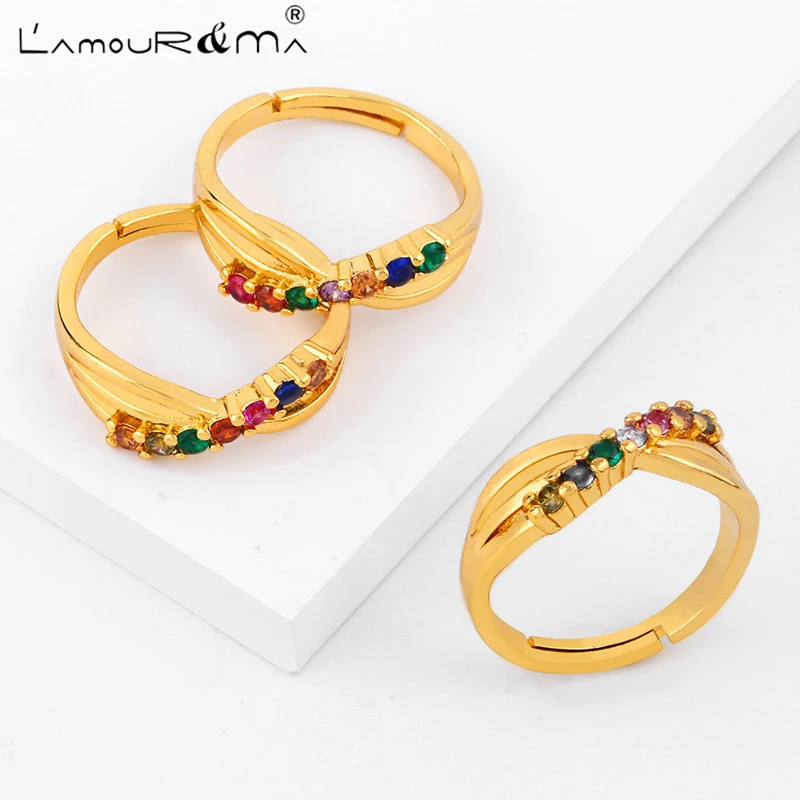 

L'Amour&Ma Fashion Simple Personality Colorful Zirconia Ins Style Web Celebrity Open Gold-Plated Ring For Students Party Jewerly