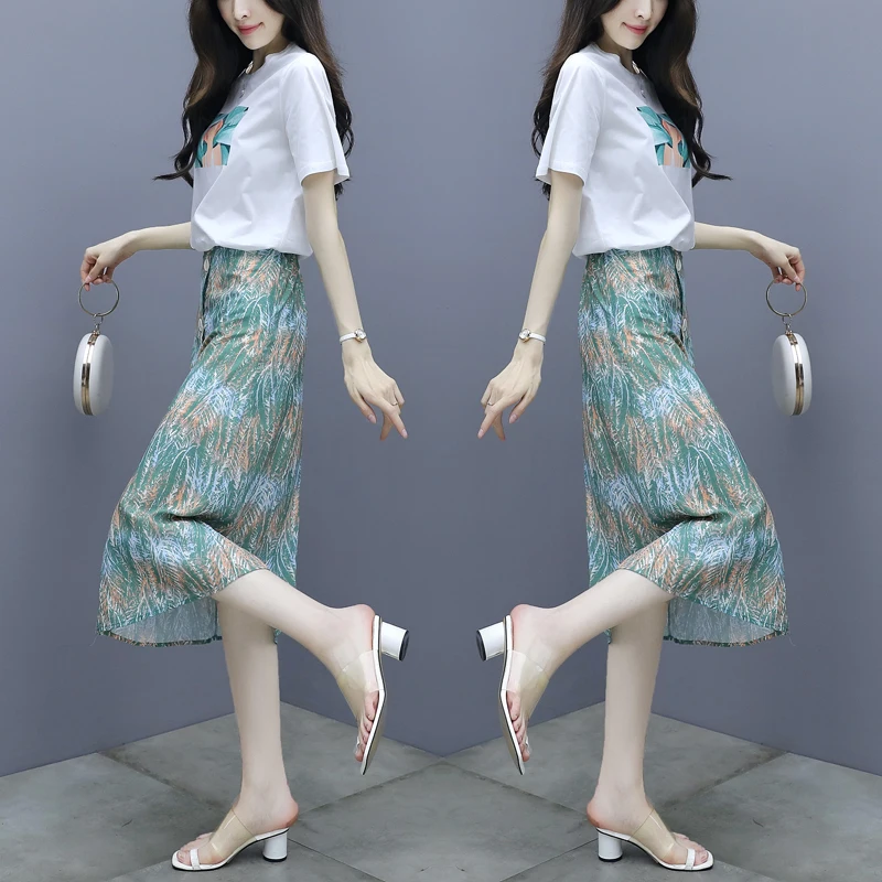 

new summer fashion o-neck floral printing two-piece sets buttons short sleeves women's clothing female