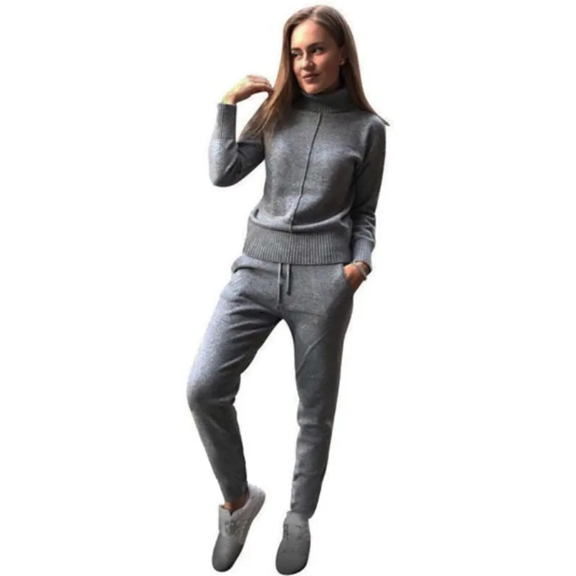 

Taotrees women knitted suits soft wool sweater pant tracksuits casual high neck pullover sweaters+Trousers 2 piece set