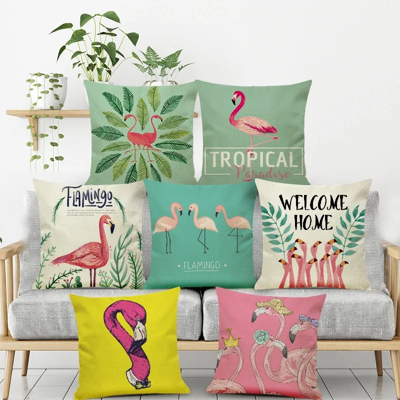

Linen Flamingo Pillow Cover Living Room Sofa Cushion Cover Pillow Cover Office Seat Waist Cushion Pillowcase 45x45cm