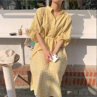2021 chic summer plaid lazy style casual sweet sunscreen high quality lace up loose short sleeve all match yellow dress vestidos