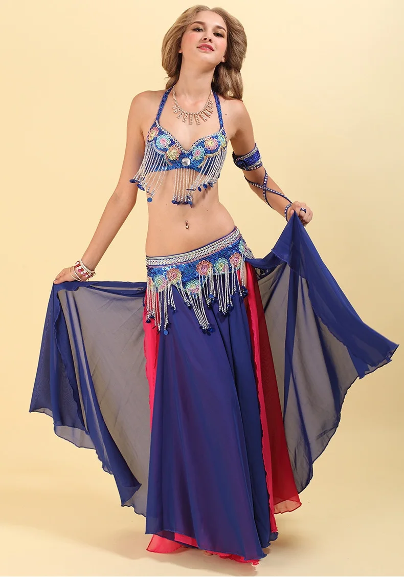 Женский костюм для танца живота синий с кисточками бюстгальтер + пояс юбка
