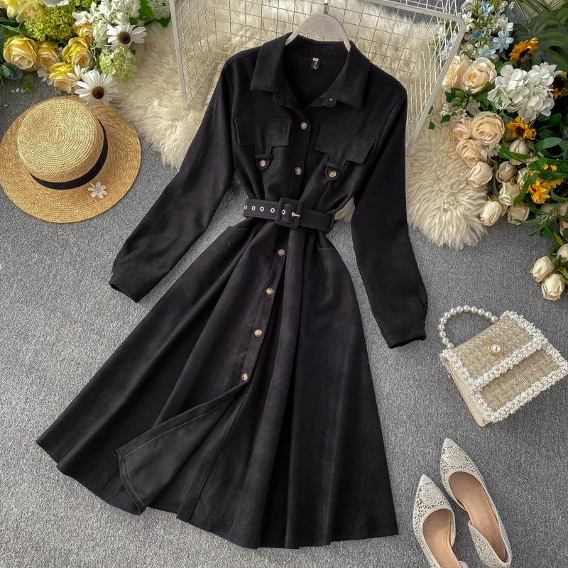 ALPHALMODA, модное женское платье, Осень-зима, французское ретро платье средней длины с поясом, сплошная шикарная одежда