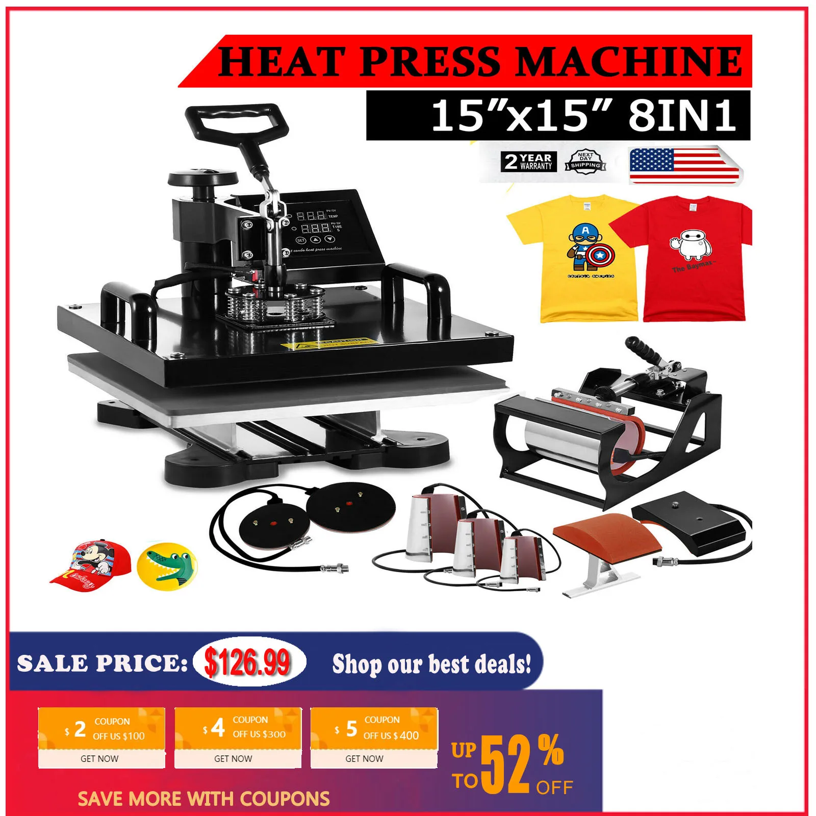 

Combo Multifunction Heat Press 15"x15" Sublimation Transfer Machine Estampar Maquina Para Estampar for Caps T-shirts Cups Plates