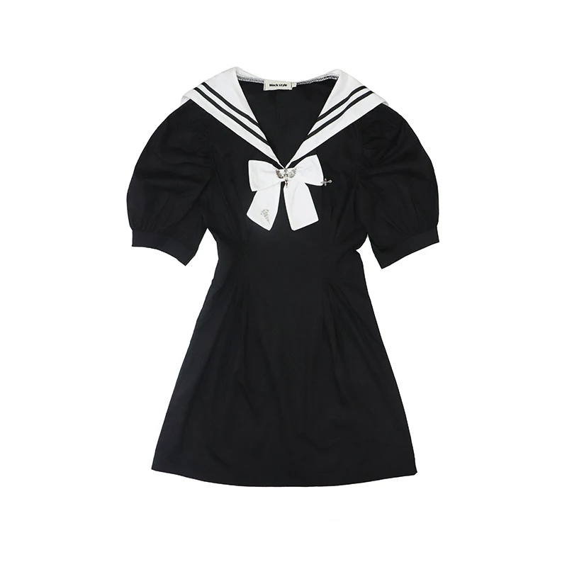 

Black Puff Sleeve Dress 2020 New Summer Sailor Suit Navy Collar Cos Girl Gothic Retro Dark Dress Street Sexy Casual Slim Vestido