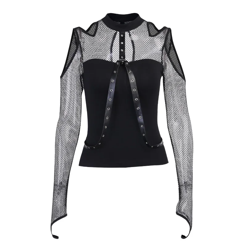 

Harajuku Style Women Black Stitching Tops Long Sleeve Gothic Streetwear Hollow Out T-shirt Lady Sexy Nightclub Shirts with Belt
