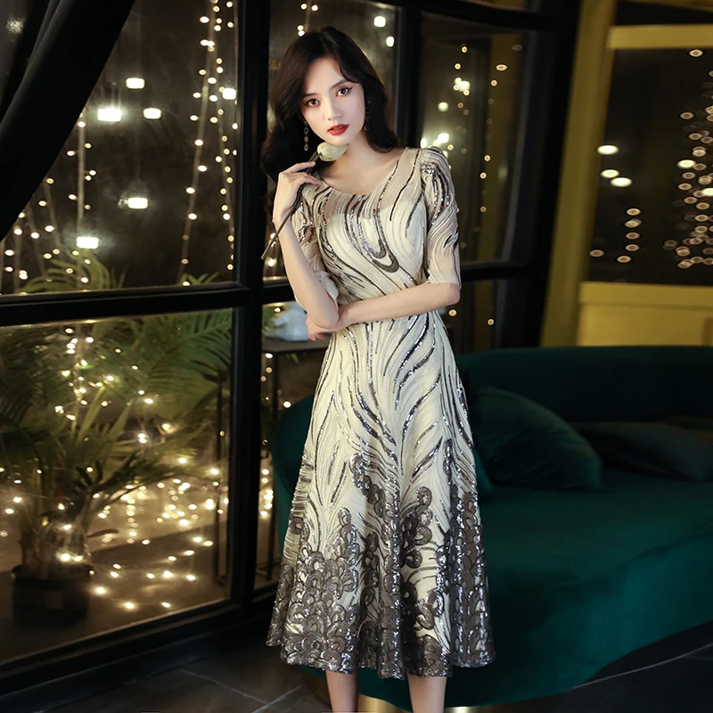 

wei yin AE0455 New Banquet Elegant Tea-length Evening Dress Lace Sequins Half Sleeve Cocktail Party Formal Gown