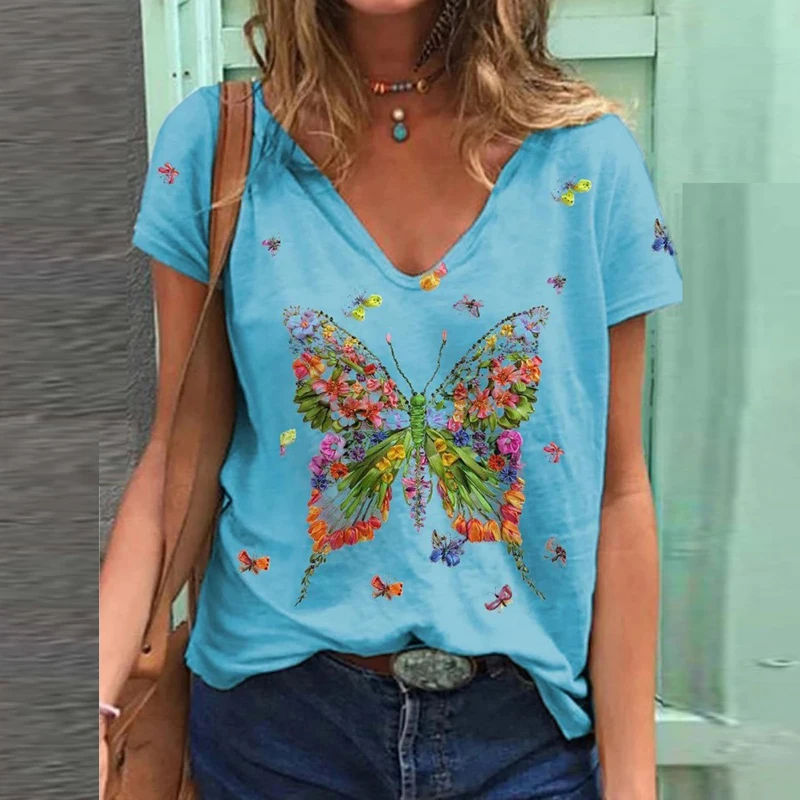 

Women's Summer V Neck Short Sleeve Sexy Fashion Printed T Shirt Plus Size Loose Casual Tops