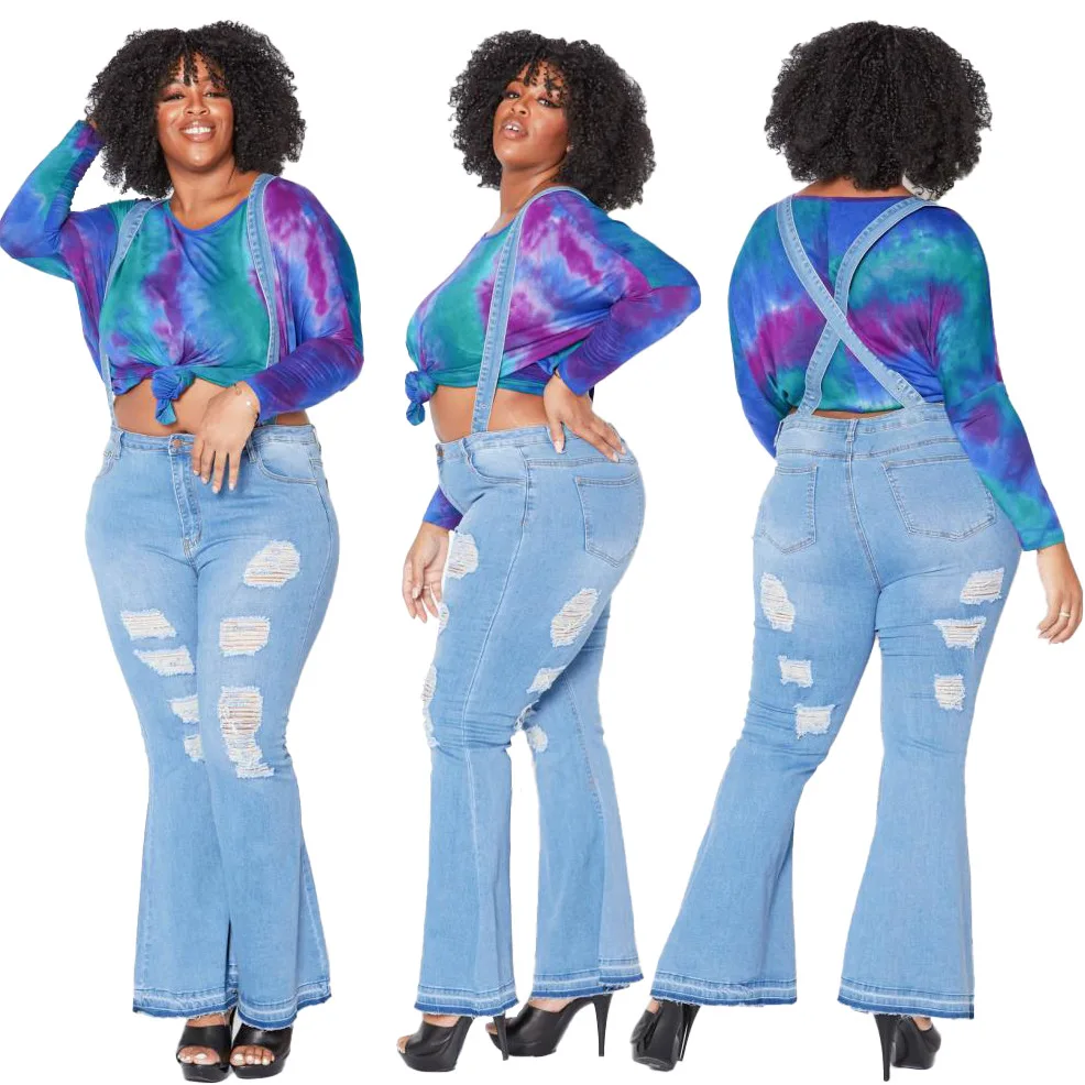 

Easy Matching Women Fashion Ripped Jeans 2021 Spring New Arrivals Plus Size High Elastic Plus Size Skinny Denim Flared Overalls
