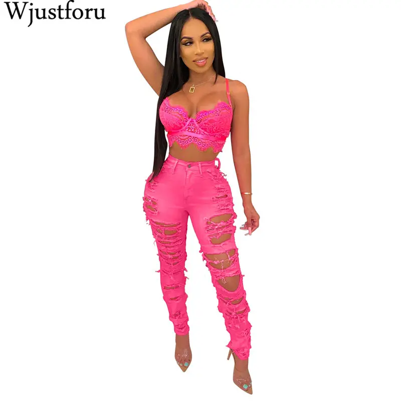 Wjustforu Colorful Fashion Hole Denim Jeans Female Sexy Bodycon Club Ripped Women Botton Casual Pencil Long Vestidos | Женская одежда
