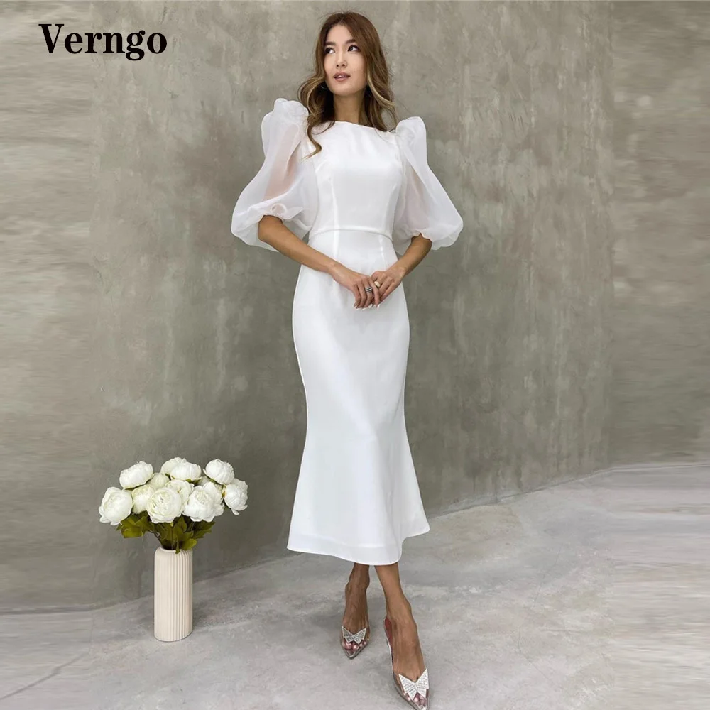 

Verngo Simple White Mermaid Prom Dresses Modest Bateau Neck Half Puff Long Sleeves Organza Satin Tea Length Evening Party Gowns