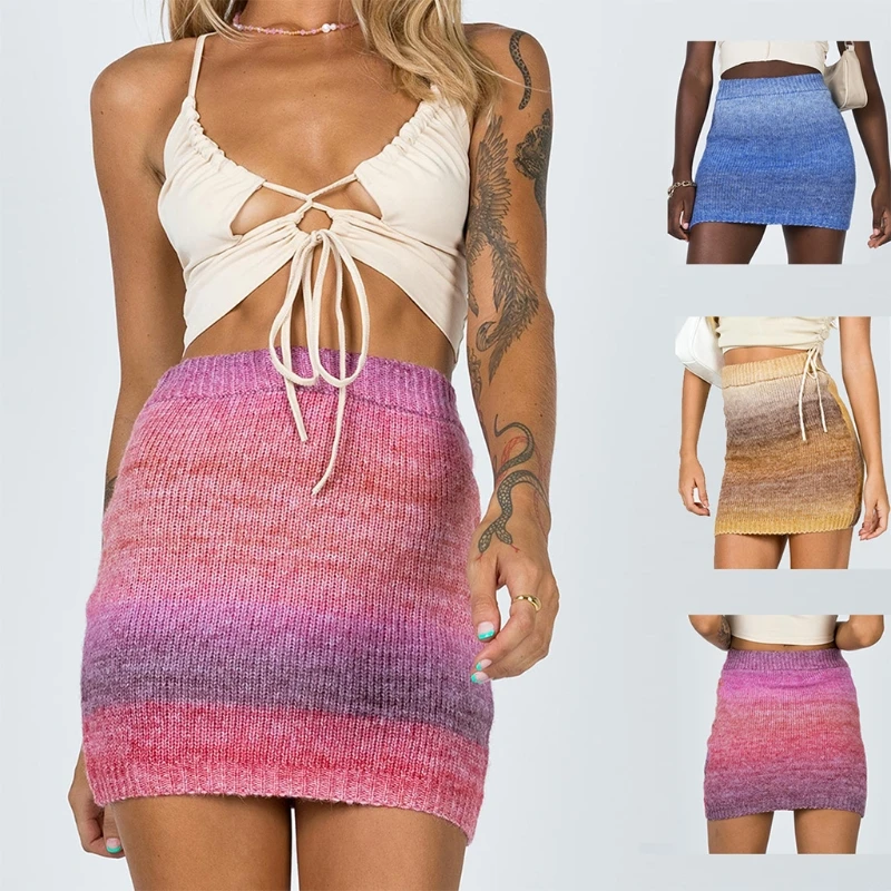 

Женская сексуальная высокая талия трикотажные мини Bodycon юбка-карандаш с уклоном, Разноцветные полосатые обтягивающая одежда летние повсед...