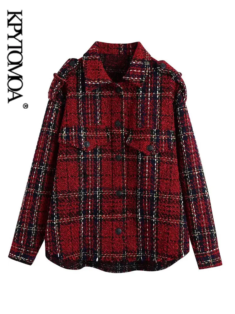 

KPYTOMOA Women Fashion With Pockets Frayed Trims Loose Tweed Jacket Coat Vintage Long Sleeve Button-up Female Outerwear Chic Top