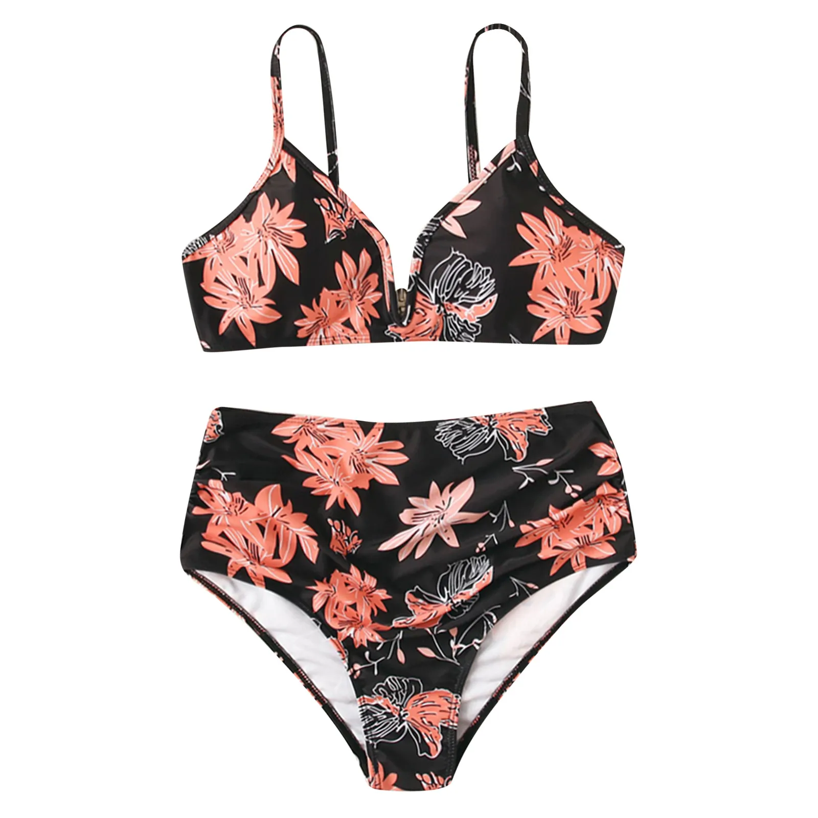 

Women's New Swimsuit Fashion Tube Top Sexy Split Print Open Back Bikini Double Strap High Waist Swimsuit R2