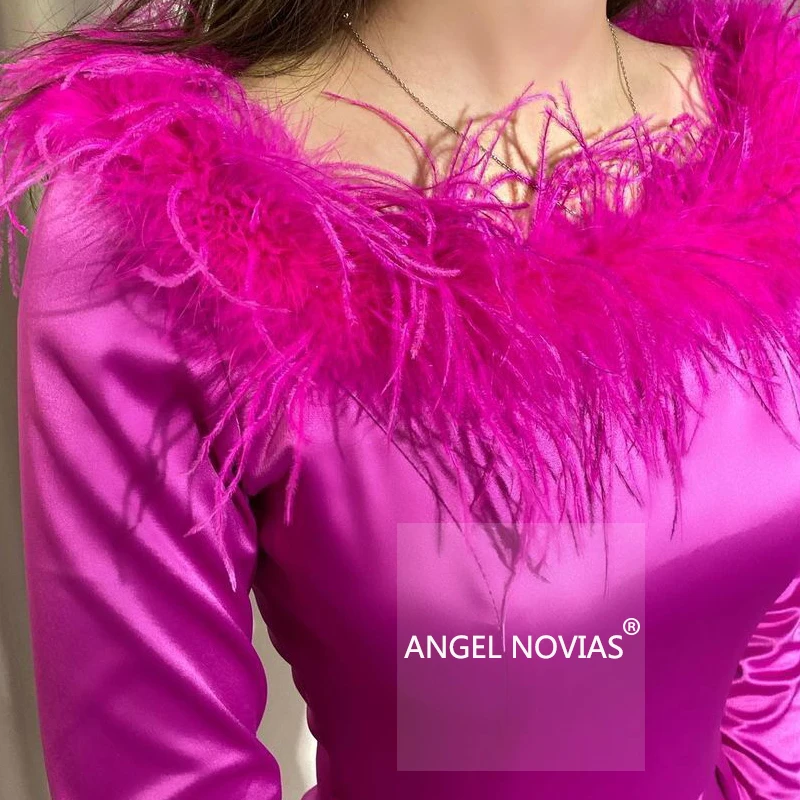 

ANGEL NOVIAS Long Sleeves Purple Arabic Evening Dresses 2021 with Feather Kaftan Formal Prom Party Gown Vestidos De Fiesta