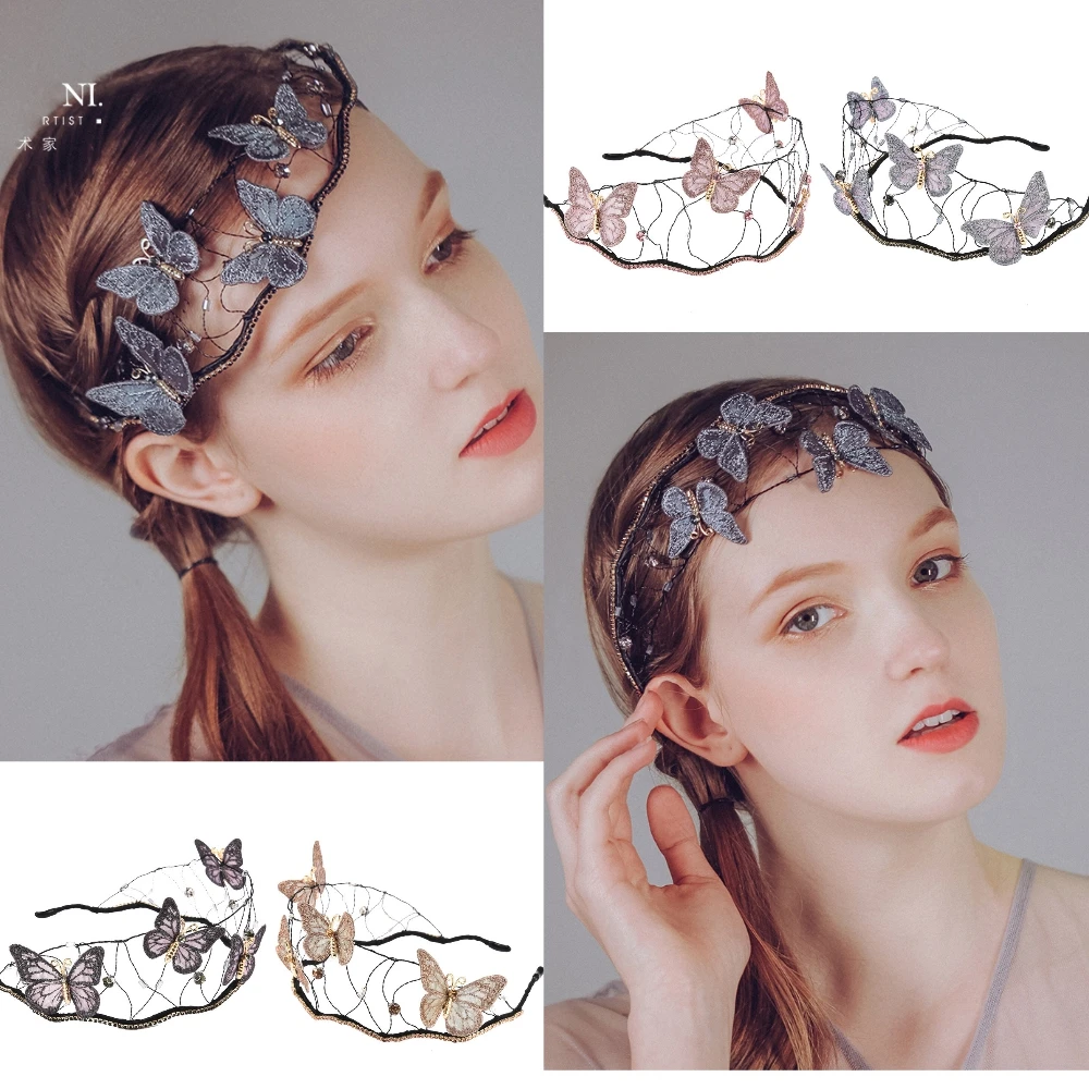 

High-end Ladies Headband Butterfly Crown Handmade Bridal Wedding Hair Accessories Mori Girl Hollow Mesh Headdress Hairband 2021