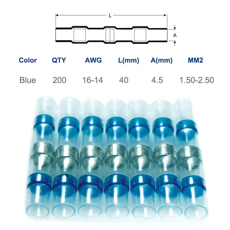 200 шт 16-14 AWG синий припой уплотнение провода разъемы термоусадочные стыковые