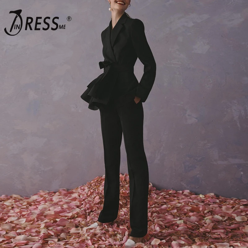 

Женский комплект из 2 предметов INDRESSME, облегающие брюки с длинным рукавом, отложным воротником, со шнуровкой, бантом и оборками по подолу, 2020