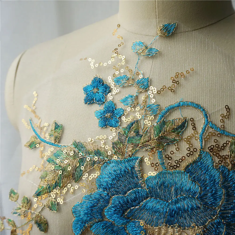 Голубой цветок пиона золотые блестки кружевная ткань вышитая искусственная
