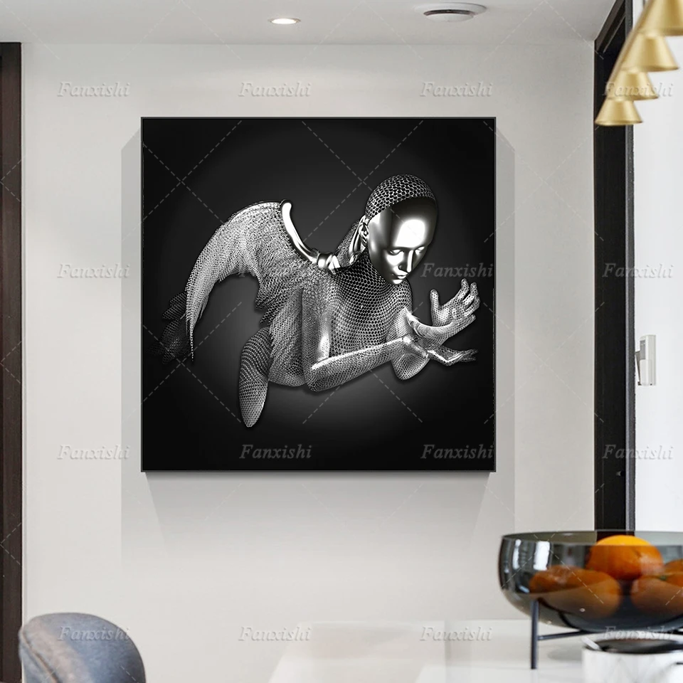 

Angel Wall Print Art Luxury,Metal Statue Silver Poster Art Canvas Painting Wall Pictures For Living Room Decor Anniversary Gifts