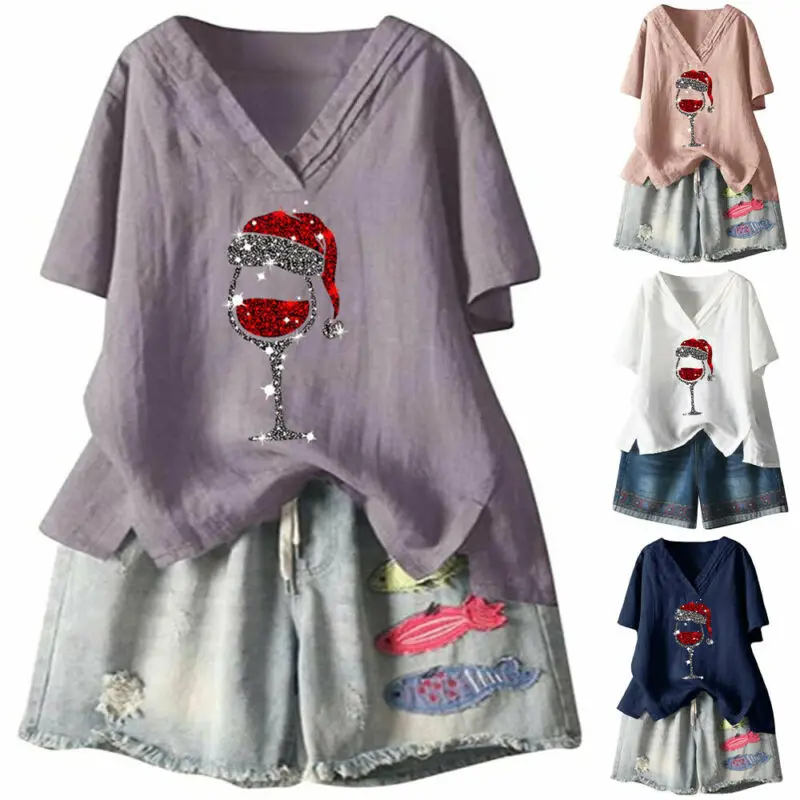 

Women Pattern Printed Short Sleeve Blouse V-Neck Tops Summer Pullover Tunic UK
