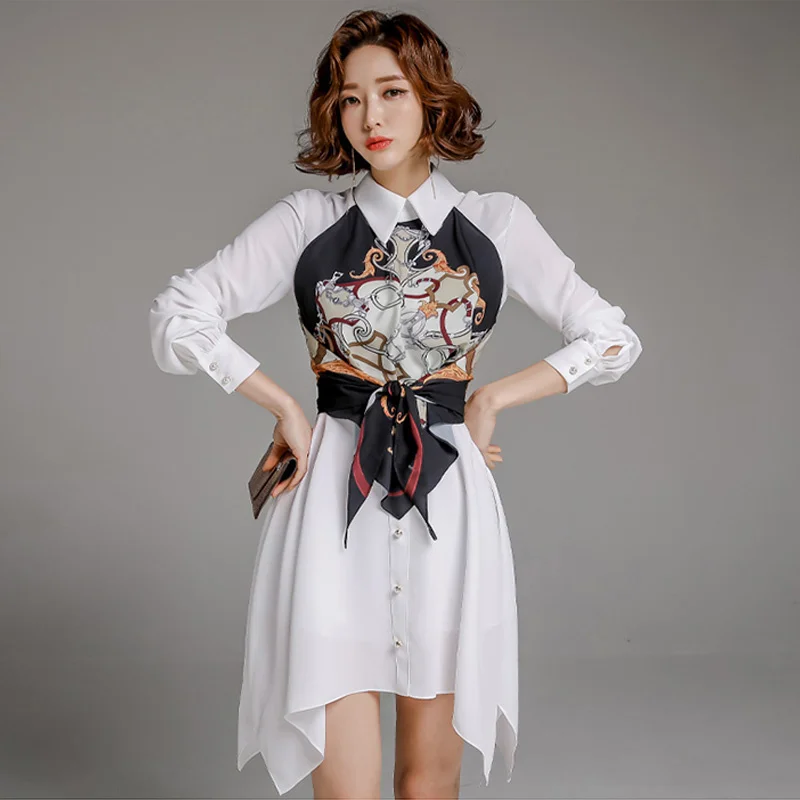 

Spring New Korean Style Elegant Lapel Tied Single-breasted White Shirt Dress for Women