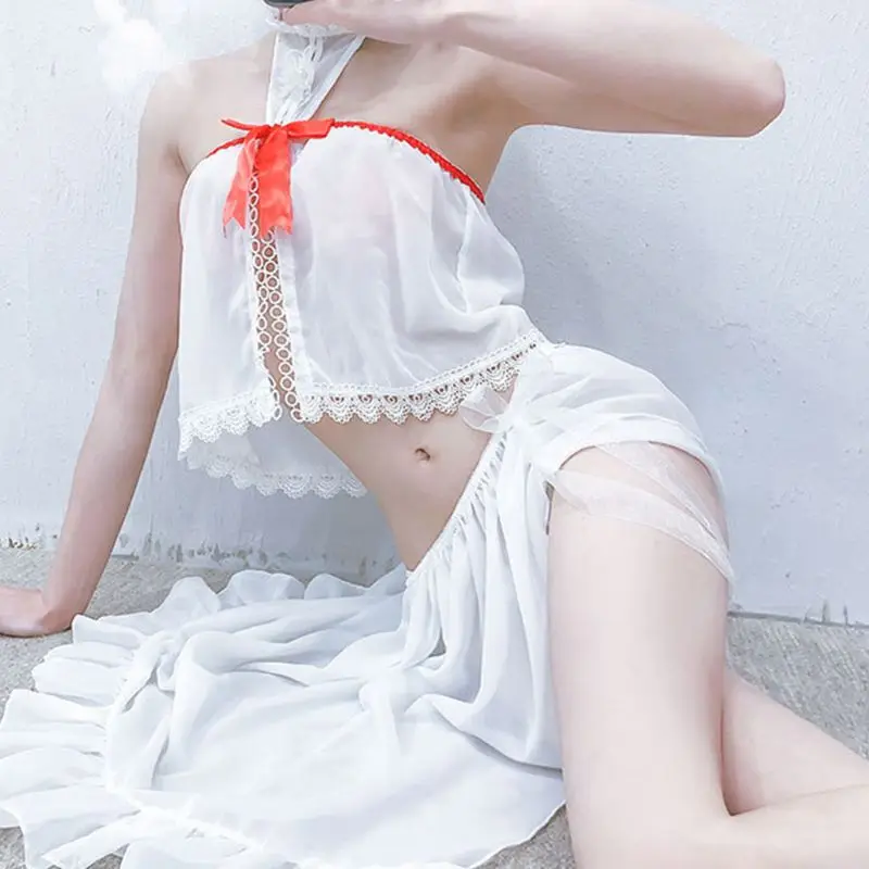 

Women Sexy Sheer Mesh Roleplay Lingerie Set Halter Bow Top Split Skirt Nightwear Q6PB