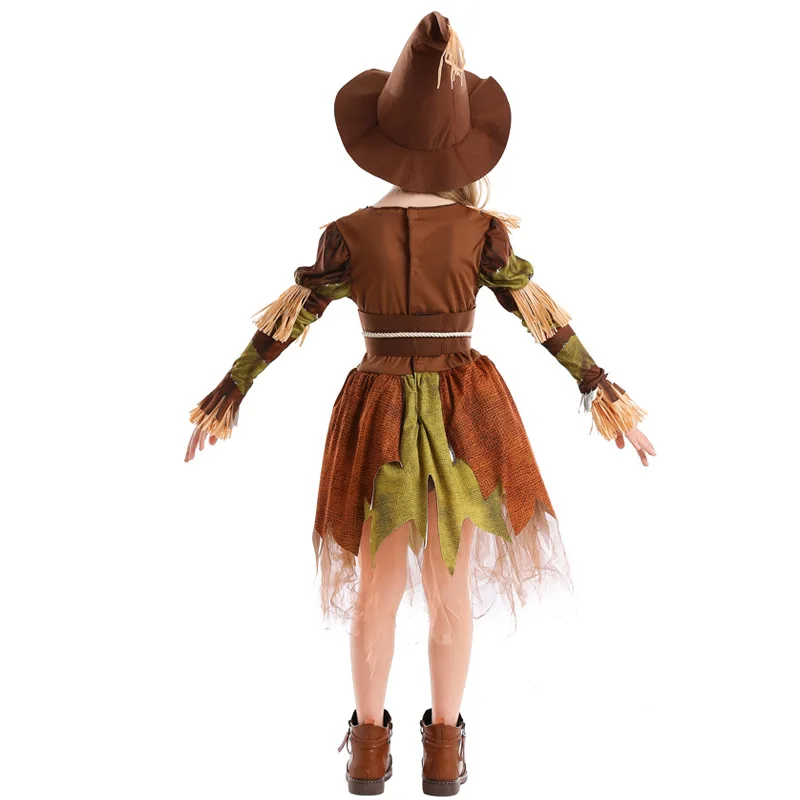 

Halloween Children Horror Scarecrow Costume Cosplay Realistic Anime Villain Character Funny Girl Creative Tassel Hat Dress Suit