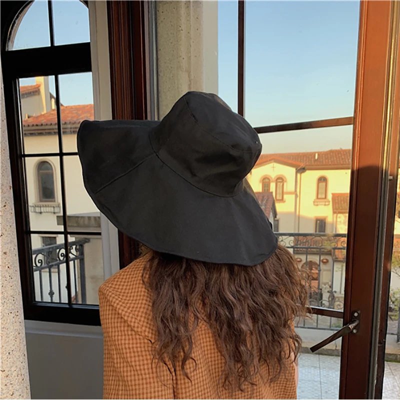 

2021 New Spring Summer Large Brim Fisherman Hat Women Cotton Linen Round Dome Bandage Bow Big Foldable Sun Hats Fishermen Hat