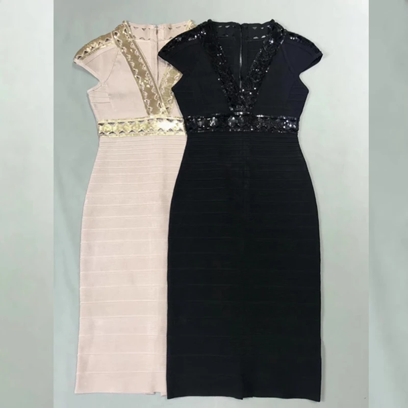 2019 модное черное бежевое Бандажное платье с v-образным вырезом и коротким рукавом