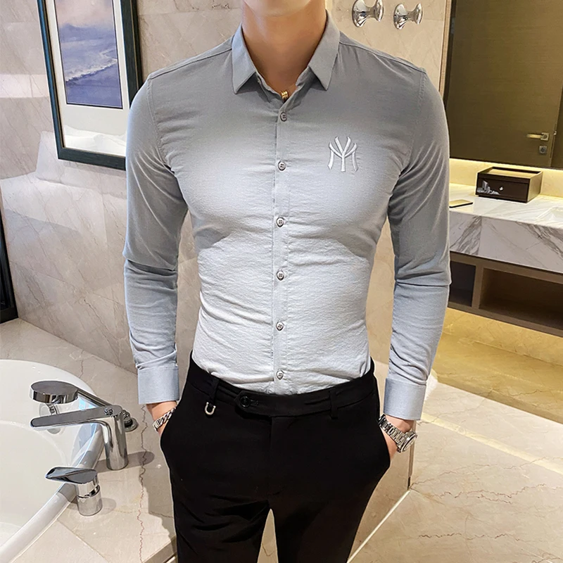 2021 Autumn Men's Embroidery Logo Shirts Vintage Slim Blouse Homme Business Casual Long Sleeve Shirt High Quality Male Clothing