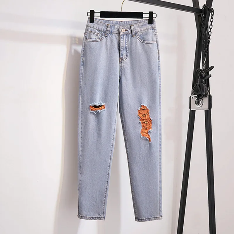 Женский комплект из свитера и джинсовых брюк жаккардовый джемпер рваные