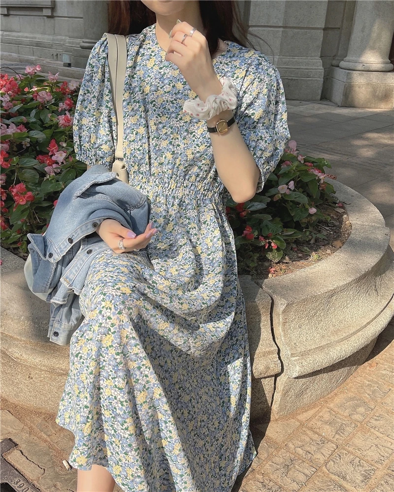 

Summer Plus Floral Women Dress A-Line Short Sleeve Casual Beach Sundress Chiffon Blue Femal Clothe