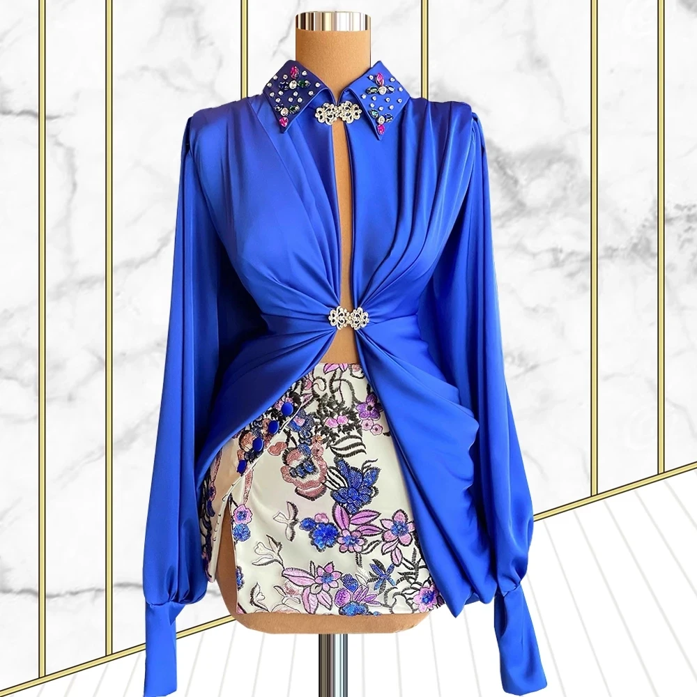 

Long Sleeves Mini Short Blue 2021 Girls Skirt Pleats Party Embroidery Dresses Женские вечерние платья