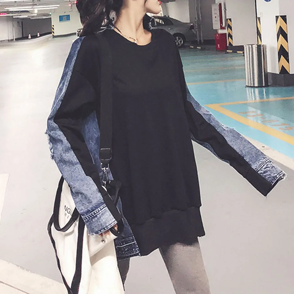 Повседневные толстовки оверсайз для женщин осень 2019 модные джинсы и хлопковые
