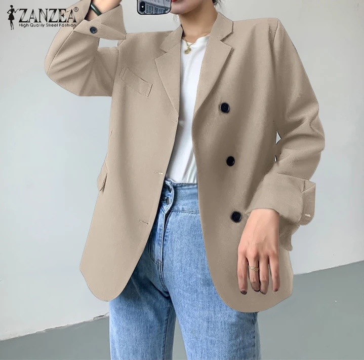 

Осень 2021, женский двубортный Блейзер ZANZEA, повседневные офисные куртки с длинным рукавом, элегантные свободные Модные женские костюмы, пальт...