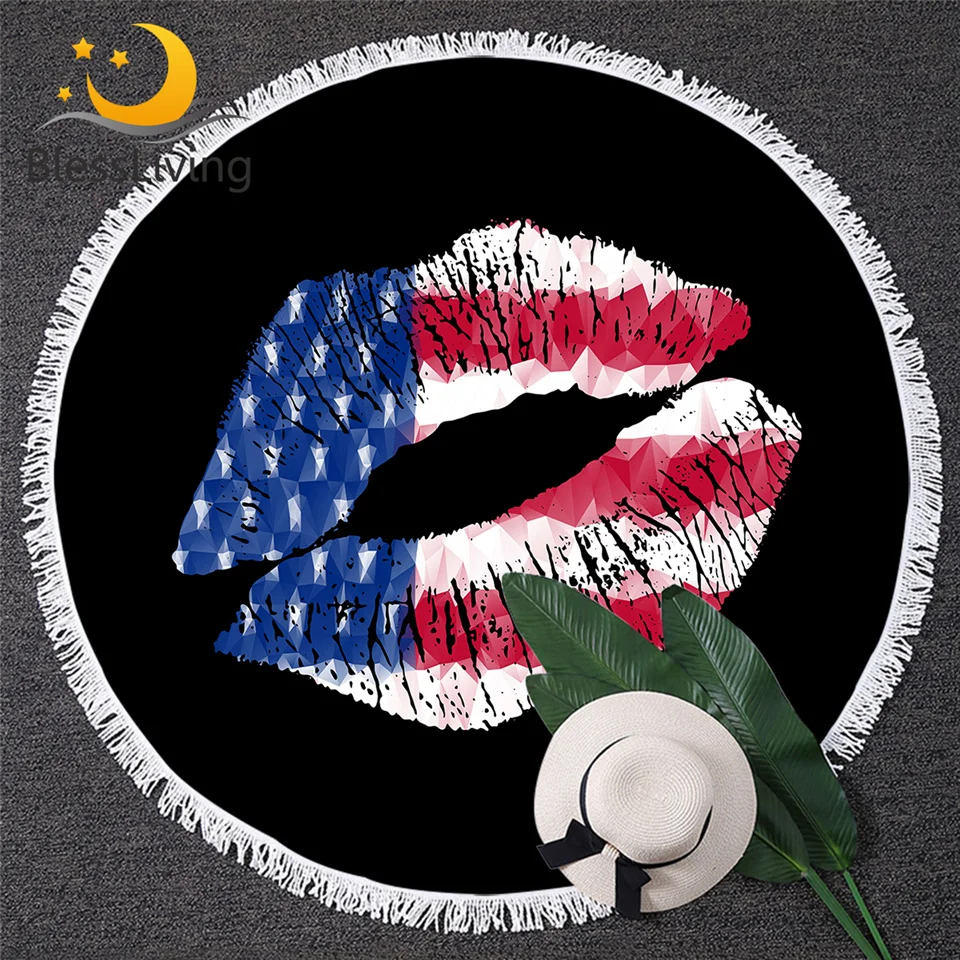 Стильное банное полотенце для губ с американским флагом круглое пляжное из