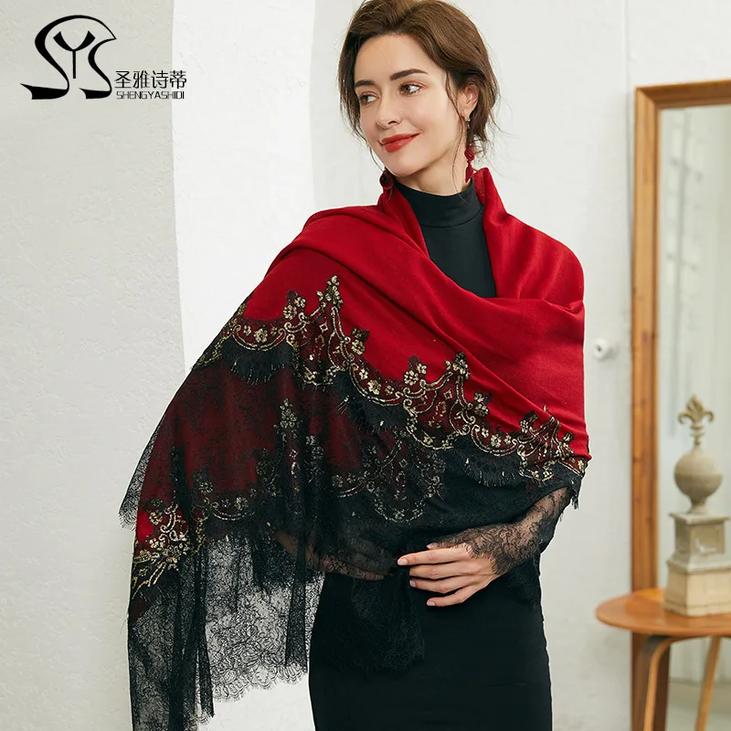 Шарф из чистой шерсти шелковый шарф с вышивкой элегантная и универсальная