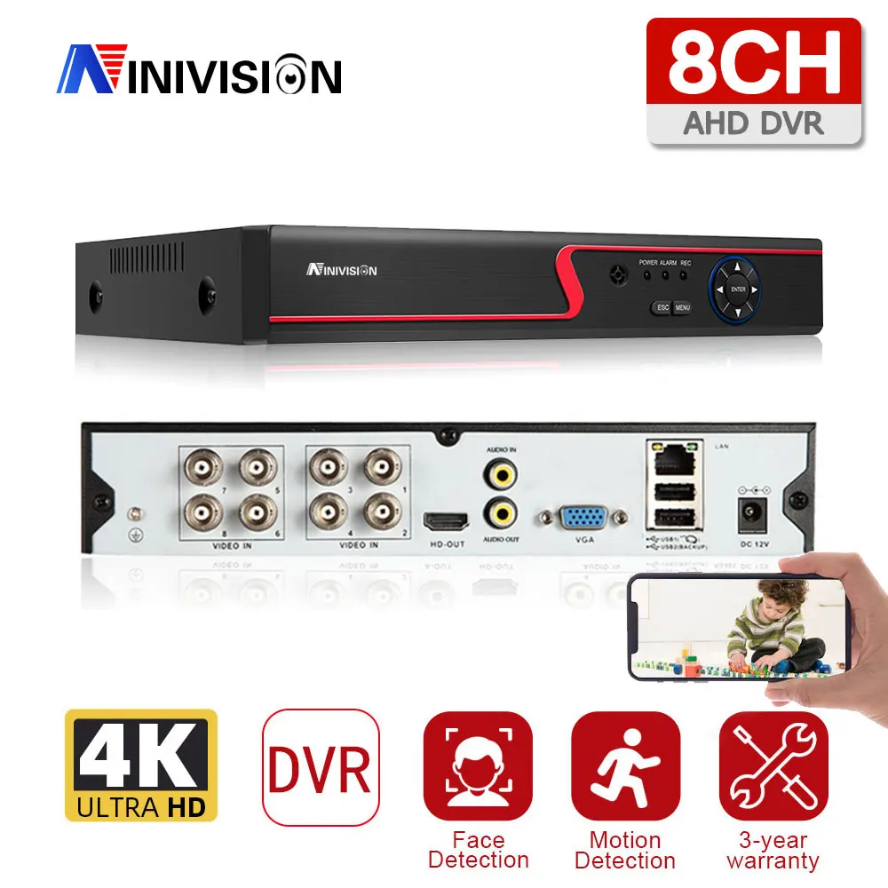 Цифровой видеорегистратор NINIVISION 8 каналов 4K AHD AI H.265 гибридный Мп NVR для 2MP 4MP 5MP 8MP