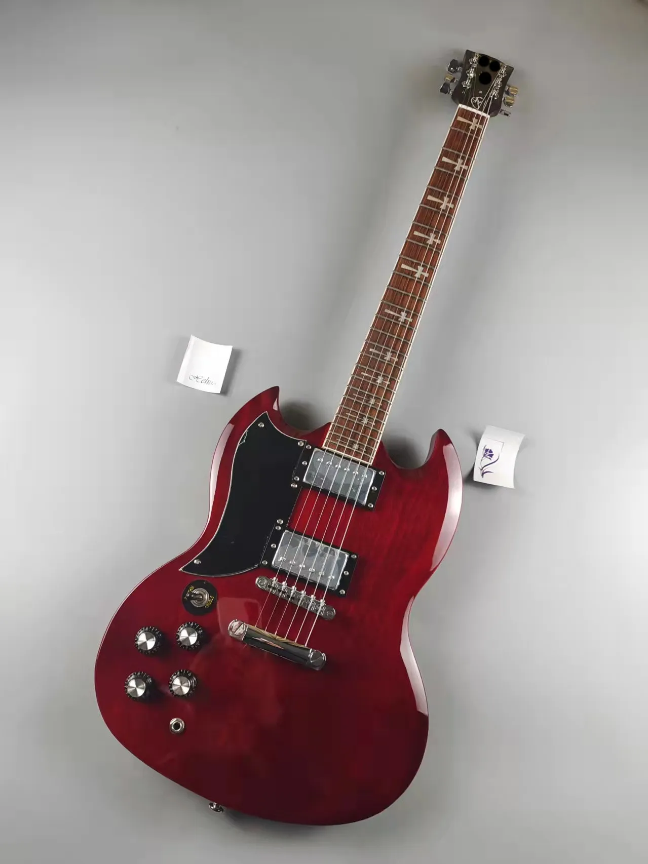 

Электрогитара SG, гитара с левой ручкой, винно-красная, инкрустация крестом, Экологичная краска, бесплатная доставка, быстрая доставка