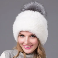 fashion mink fur female winter casual printed fox hair adjustable woven ear cap windbreak thick high quality warm conical hat
