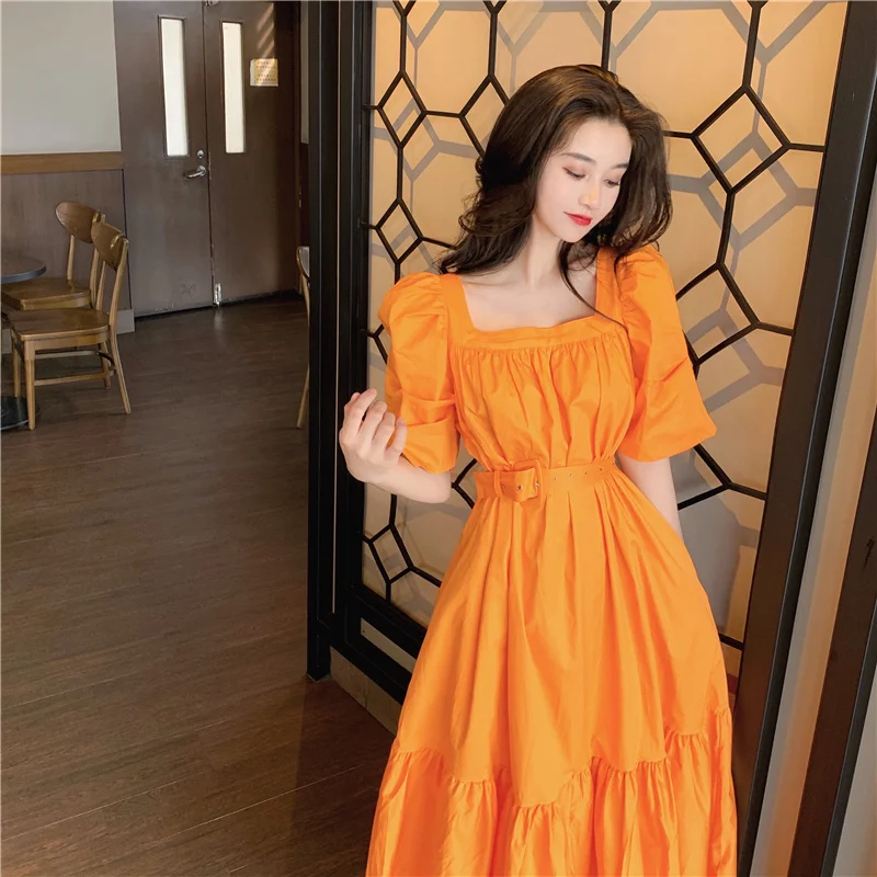 

Summer Figure Flattering Long Dress Retro Square Collar Puff Sleeve over the Knee White Long Style Women's Temperament