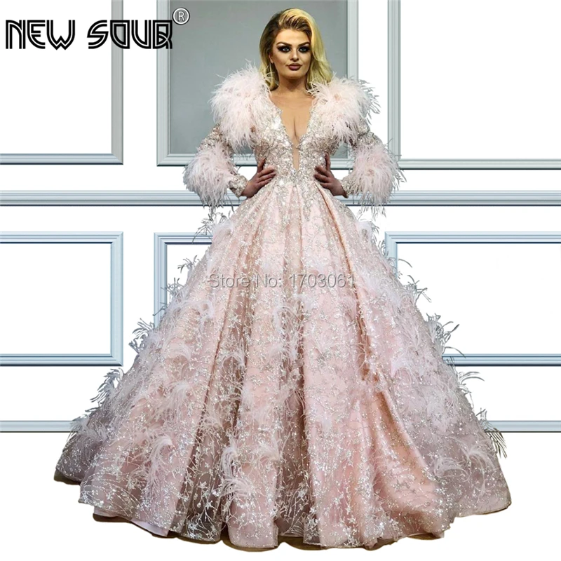 

Formal Feathers Evening Dresses With Beading Vestidos Arabic Dubai Ball Gown Prom Dress Abendkleider 2019 Robe De Soiree Party