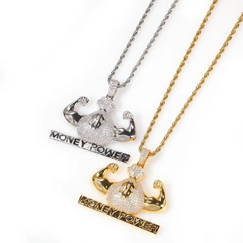 Хип хоп доллар сумка Деньги мощность кулон ожерелья Медь проложить Циркон прилив