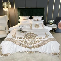 golden chic embroidery white duvet cover set satin like silk and cotton bedding set with bed sheet 2pillowcases queen king 4pcs